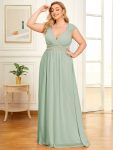 V-Neck Sleeveless Beaded Belt Chiffon A-Line Evening Dress – Mint Green