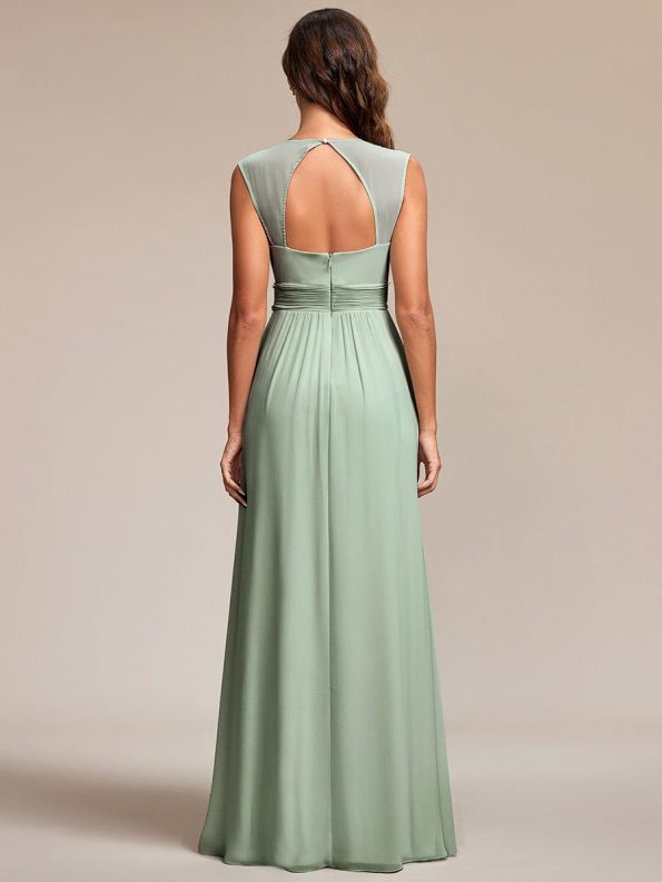 V-Neck Sleeveless Beaded Belt Chiffon A-Line Evening Dress - Mint Green