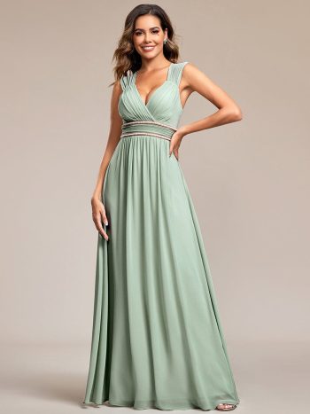 V-Neck Sleeveless Beaded Belt Chiffon A-Line Evening Dress - Mint Green