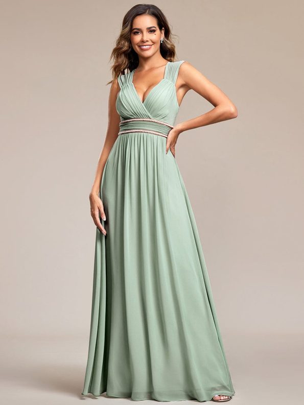 V-Neck Sleeveless Beaded Belt Chiffon A-Line Evening Dress - Mint Green