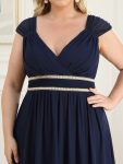 V-Neck Sleeveless Beaded Belt Chiffon A-Line Evening Dress – Navy Blue