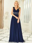 V-Neck Sleeveless Beaded Belt Chiffon A-Line Evening Dress – Navy Blue