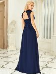 V-Neck Sleeveless Beaded Belt Chiffon A-Line Evening Dress – Navy Blue