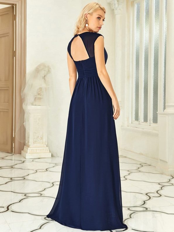 V-Neck Sleeveless Beaded Belt Chiffon A-Line Evening Dress - Navy Blue