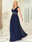 V-Neck Sleeveless Beaded Belt Chiffon A-Line Evening Dress – Navy Blue