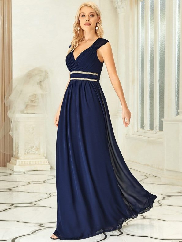 V-Neck Sleeveless Beaded Belt Chiffon A-Line Evening Dress - Navy Blue