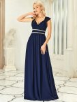 V-Neck Sleeveless Beaded Belt Chiffon A-Line Evening Dress – Navy Blue