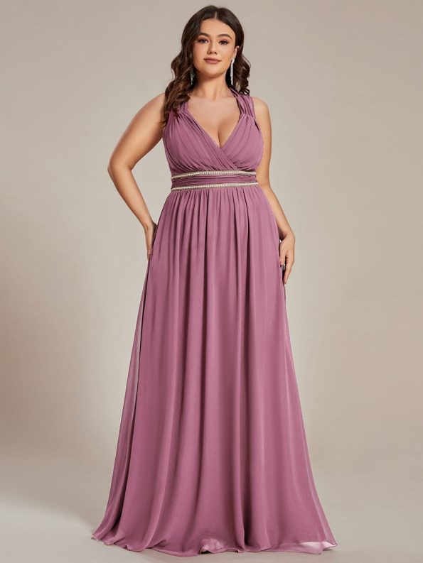 V-Neck Sleeveless Beaded Belt Chiffon A-Line Evening Dress - Purple Orchid