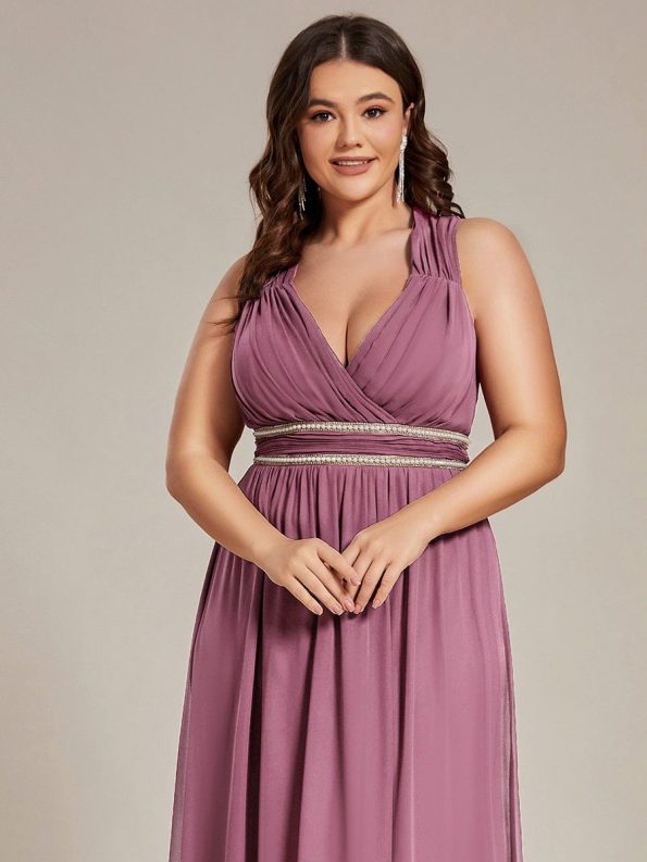 V-Neck Sleeveless Beaded Belt Chiffon A-Line Evening Dress - Purple Orchid