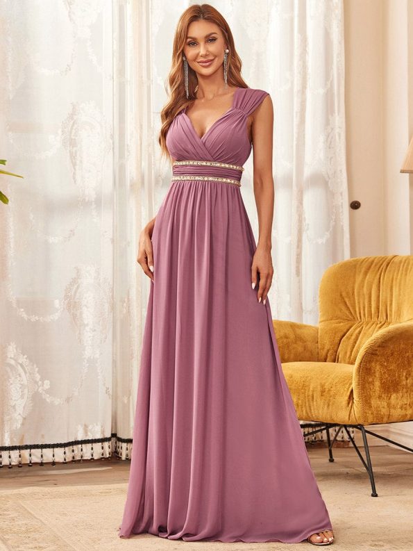 V-Neck Sleeveless Beaded Belt Chiffon A-Line Evening Dress - Purple Orchid