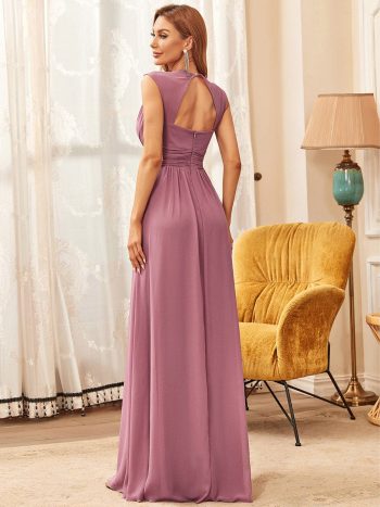 V-Neck Sleeveless Beaded Belt Chiffon A-Line Evening Dress - Purple Orchid