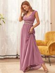 V-Neck Sleeveless Beaded Belt Chiffon A-Line Evening Dress – Purple Orchid