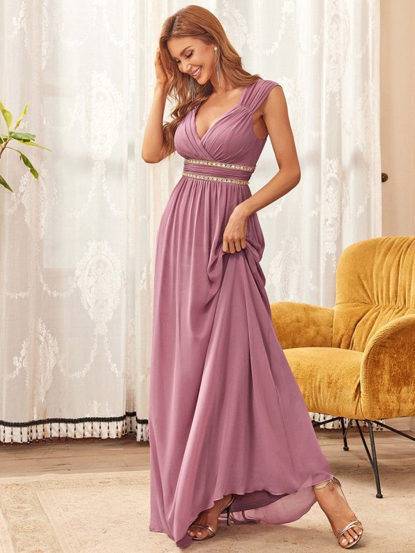 V-Neck Sleeveless Beaded Belt Chiffon A-Line Evening Dress - Purple Orchid