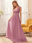 V-Neck Sleeveless Beaded Belt Chiffon A-Line Evening Dress – Purple Orchid