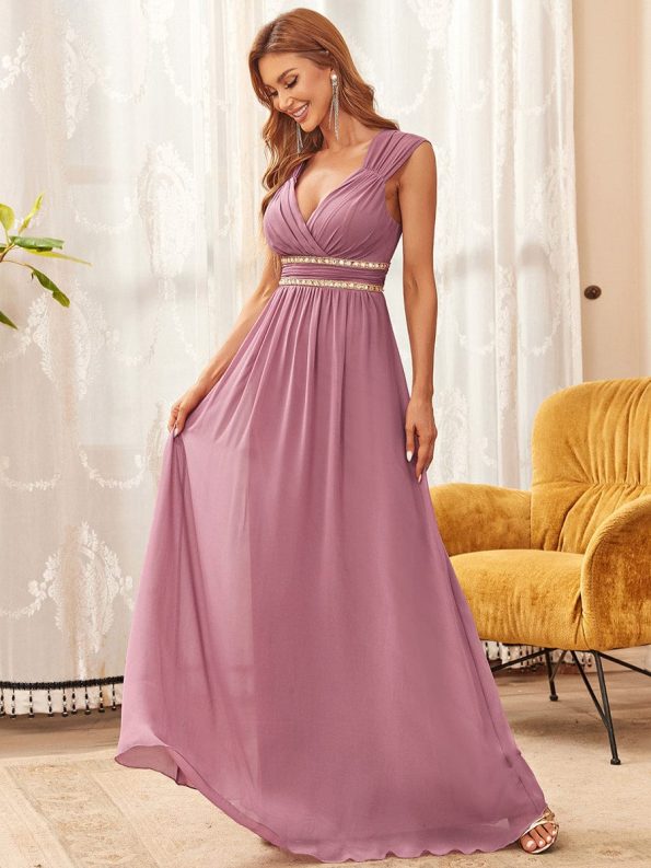 V-Neck Sleeveless Beaded Belt Chiffon A-Line Evening Dress - Purple Orchid