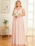 V-Neck Sleeveless Beaded Belt Chiffon A-Line Evening Dress – Pink