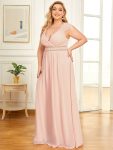 V-Neck Sleeveless Beaded Belt Chiffon A-Line Evening Dress – Pink