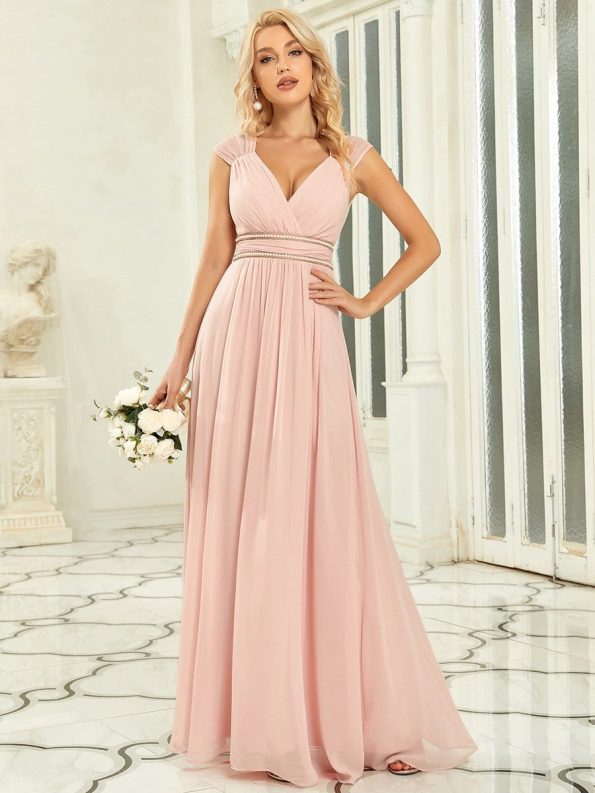 V-Neck Sleeveless Beaded Belt Chiffon A-Line Evening Dress - Pink