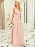 V-Neck Sleeveless Beaded Belt Chiffon A-Line Evening Dress – Pink