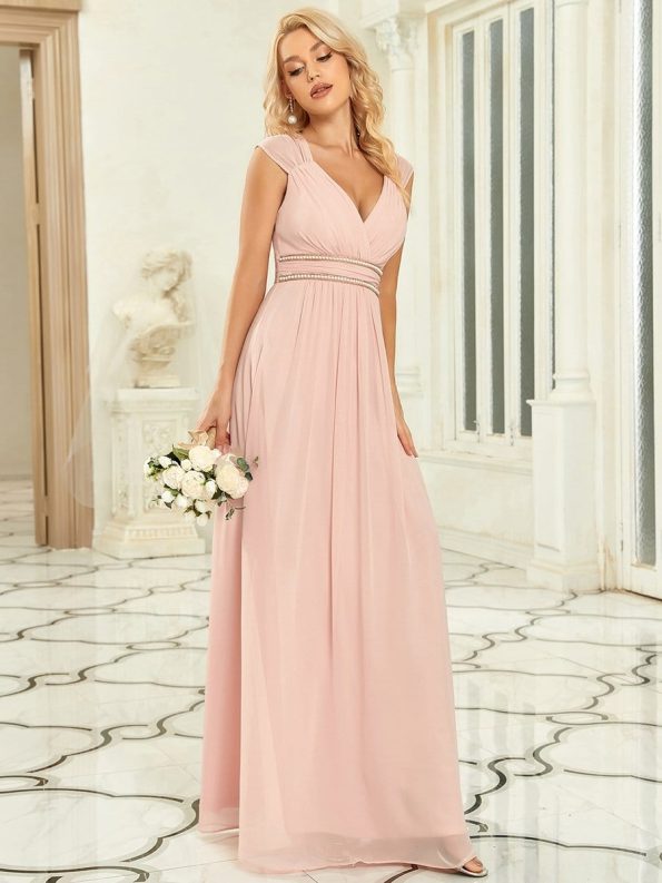 V-Neck Sleeveless Beaded Belt Chiffon A-Line Evening Dress - Pink