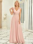 V-Neck Sleeveless Beaded Belt Chiffon A-Line Evening Dress – Pink