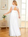 V-Neck Sleeveless Beaded Belt Chiffon A-Line Evening Dress – White