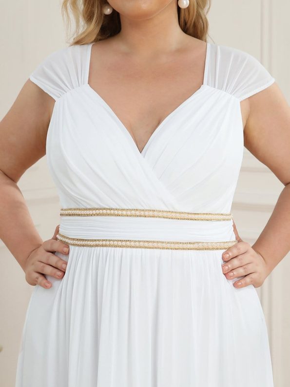 V-Neck Sleeveless Beaded Belt Chiffon A-Line Evening Dress - White