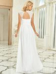 V-Neck Sleeveless Beaded Belt Chiffon A-Line Evening Dress – White