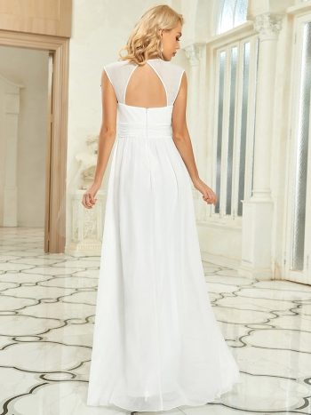 V-Neck Sleeveless Beaded Belt Chiffon A-Line Evening Dress - White