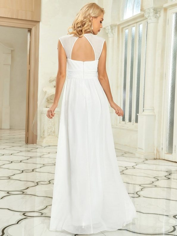 V-Neck Sleeveless Beaded Belt Chiffon A-Line Evening Dress - White