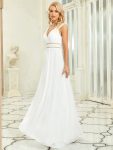 V-Neck Sleeveless Beaded Belt Chiffon A-Line Evening Dress – White