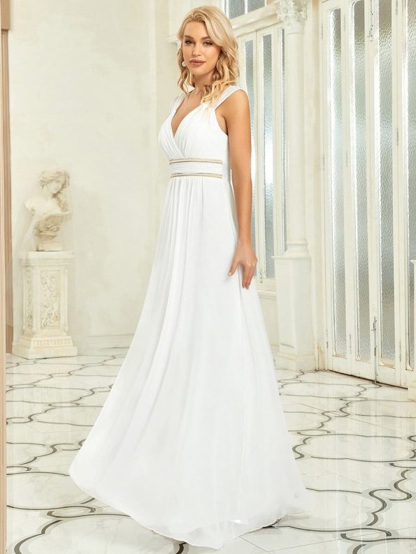 V-Neck Sleeveless Beaded Belt Chiffon A-Line Evening Dress - White