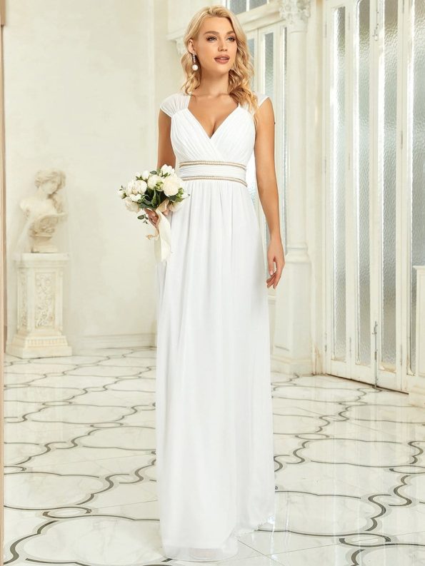 V-Neck Sleeveless Beaded Belt Chiffon A-Line Evening Dress - White