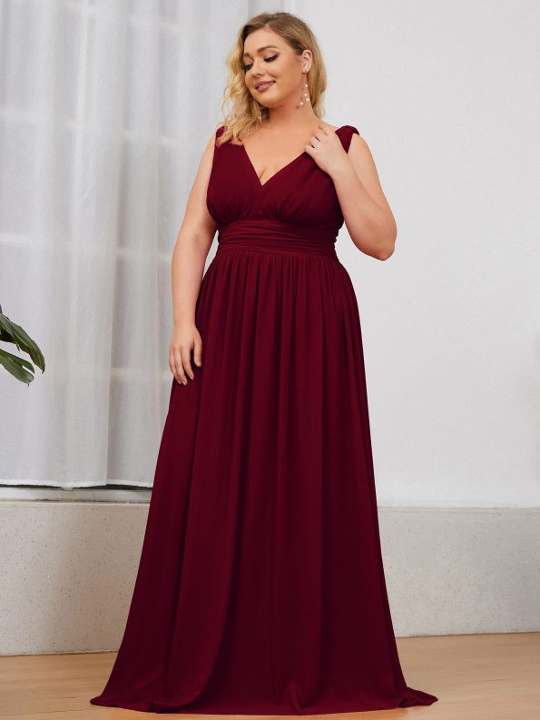 Plus Size Sleeveless V-Neck Chiffon Semi Formal Maxi Dress - Burgundy