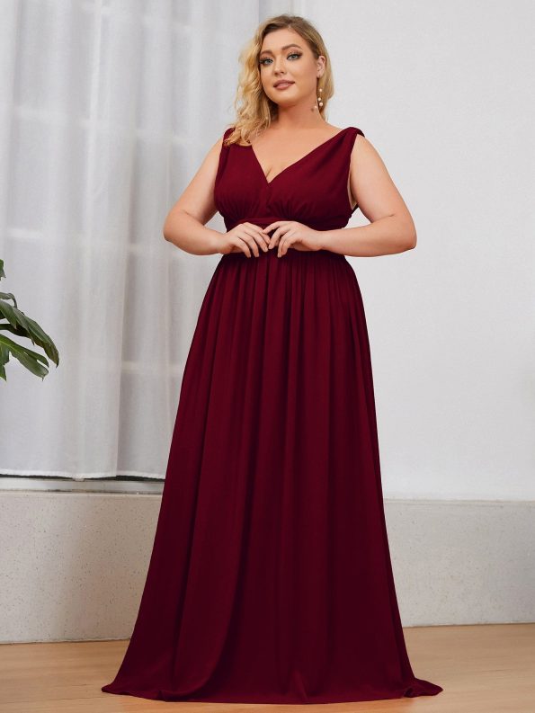 Plus Size Sleeveless V-Neck Chiffon Semi Formal Maxi Dress - Burgundy