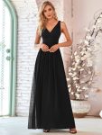 Pleated Sleeveless V-Neck Chiffon Maxi Dress – Black