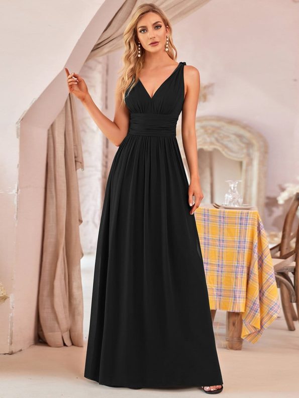 Pleated Sleeveless V-Neck Chiffon Maxi Dress - Black