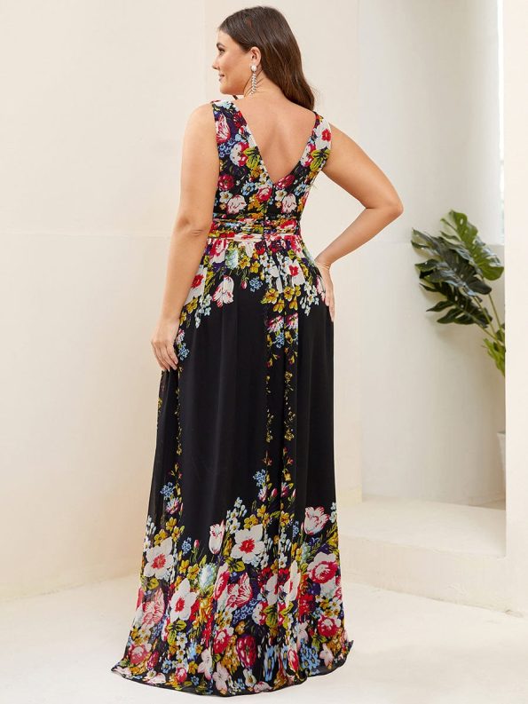 Pleated Sleeveless V-Neck Chiffon Maxi Dress - Black and Printed