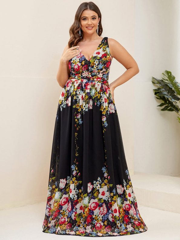 Pleated Sleeveless V-Neck Chiffon Maxi Dress - Black and Printed