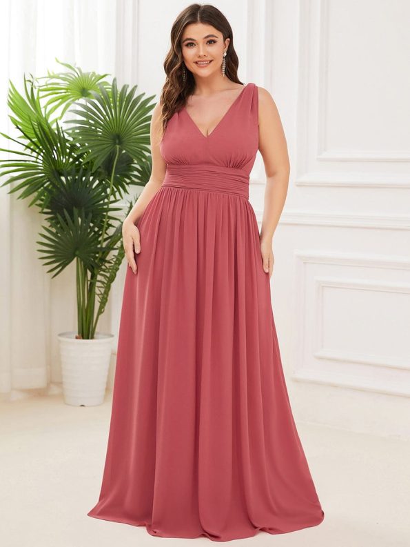 Plus Size Sleeveless V-Neck Chiffon Semi Formal Maxi Dress - Cameo Brown