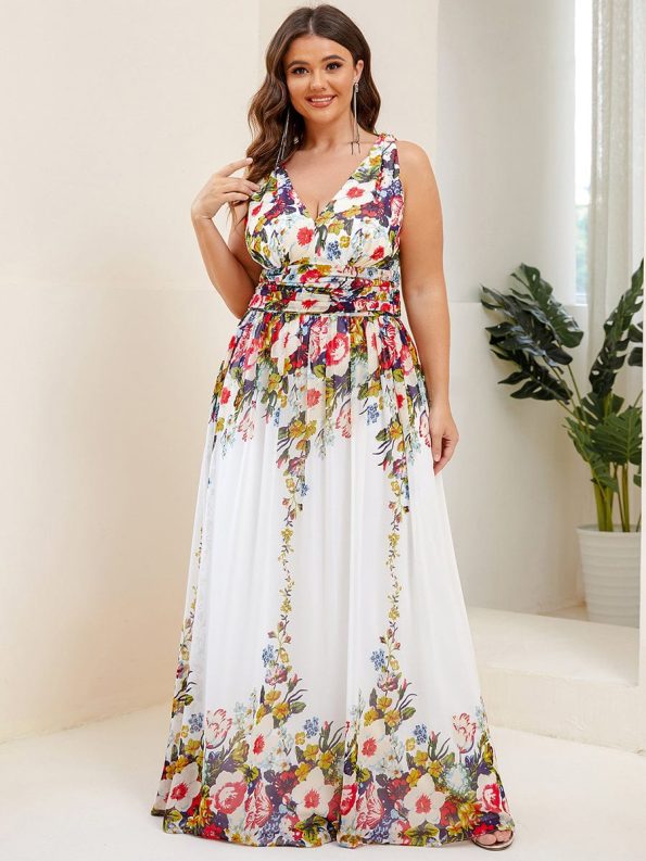 Plus Size Sleeveless V-Neck Chiffon Semi Formal Maxi Dress - Printed Cream