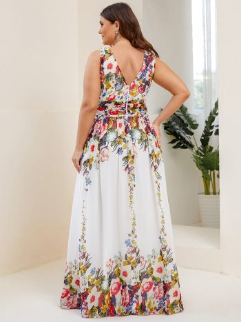 Plus Size Sleeveless V-Neck Chiffon Semi Formal Maxi Dress - Printed Cream
