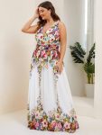 Plus Size Sleeveless V-Neck Chiffon Semi Formal Maxi Dress – Printed Cream