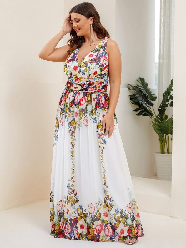 Plus Size Sleeveless V-Neck Chiffon Semi Formal Maxi Dress - Printed Cream