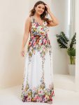 Plus Size Sleeveless V-Neck Chiffon Semi Formal Maxi Dress – Printed Cream