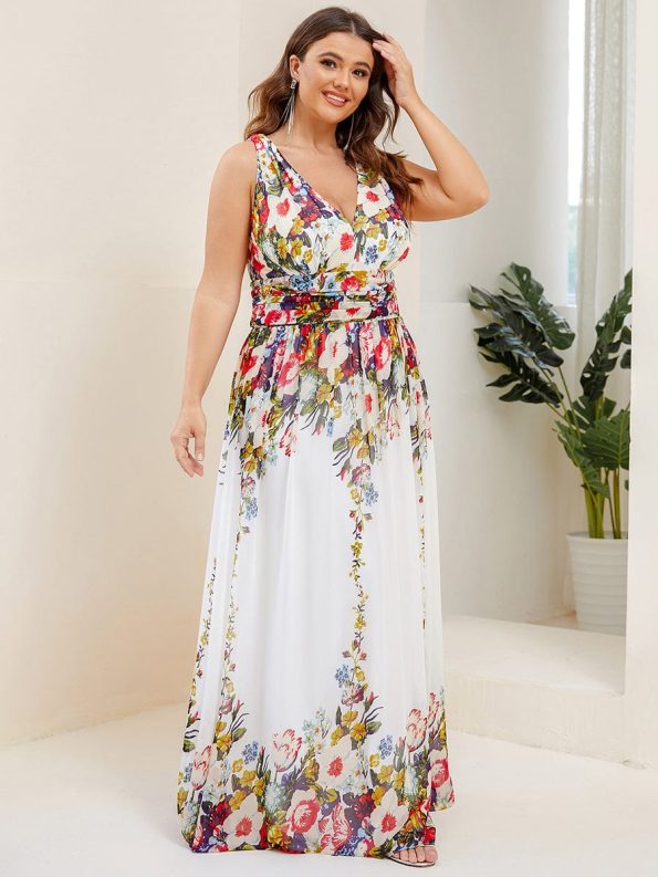 Plus Size Sleeveless V-Neck Chiffon Semi Formal Maxi Dress - Printed Cream