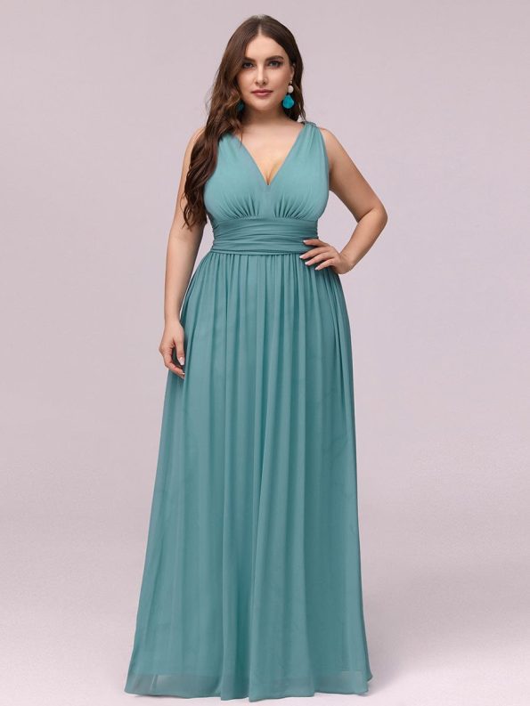 Plus Size Sleeveless V-Neck Chiffon Semi Formal Maxi Dress - Dusty Blue