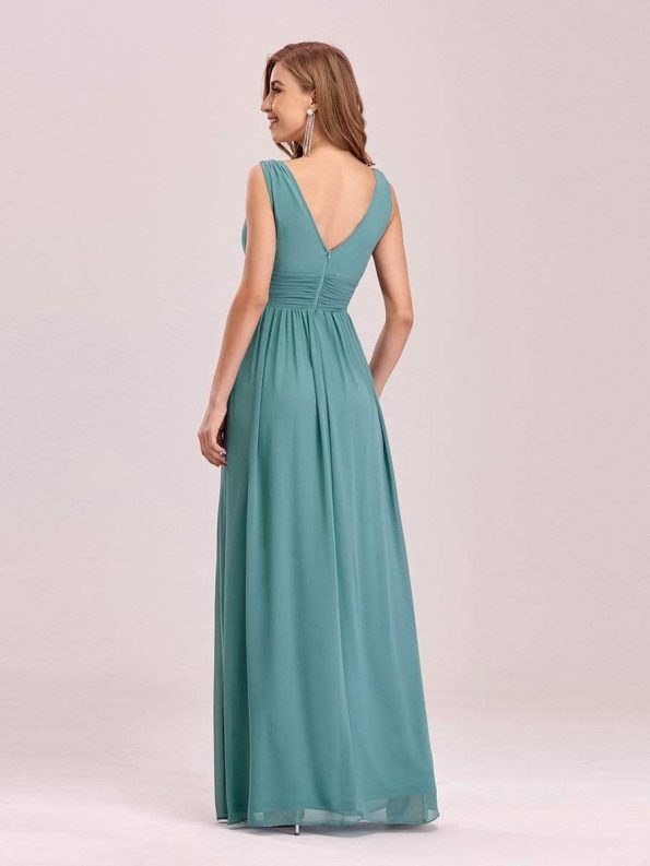 Pleated Sleeveless V-Neck Chiffon Maxi Dress - Dusty Blue