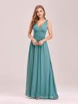 Pleated Sleeveless V-Neck Chiffon Maxi Dress – Dusty Blue