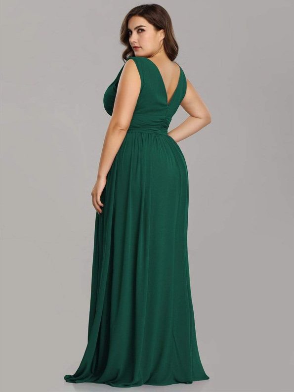 Pleated Sleeveless V-Neck Chiffon Maxi Dress - Dark Green